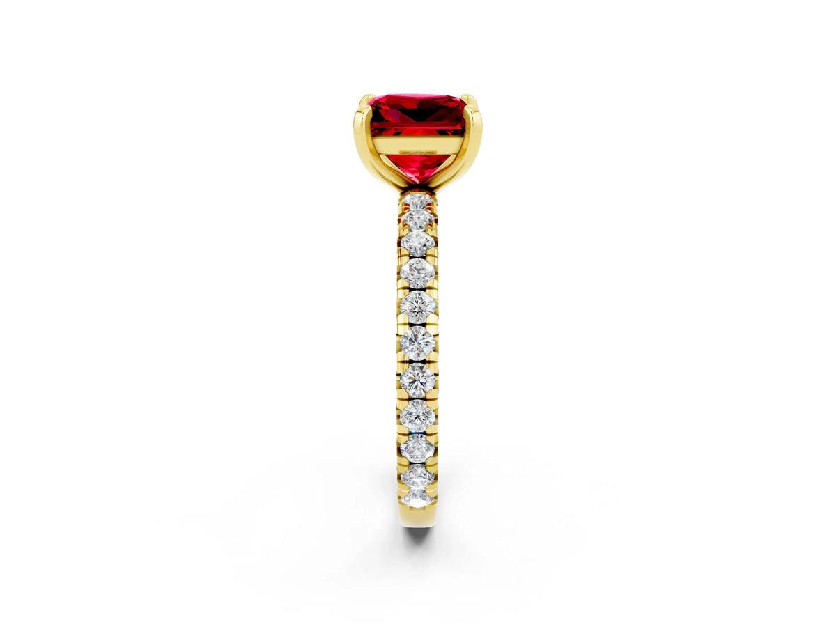 Princess Cut Ruby Pavé Solitaire Ring in Yellow gold with Round Pavé Band and Prong Setting_2