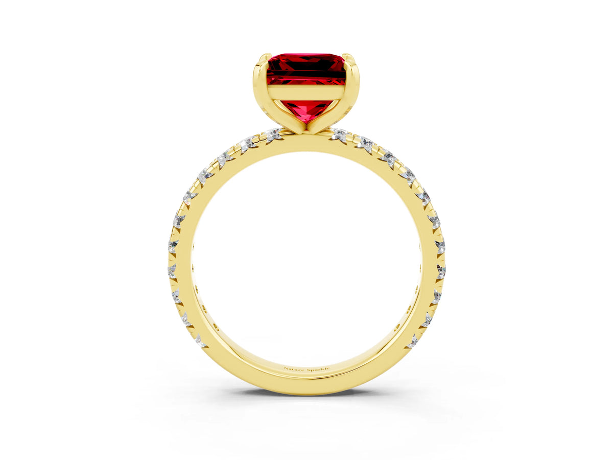 Princess Cut Ruby Pavé Solitaire Ring in Yellow gold with Round Pavé Band and Prong Setting_3
