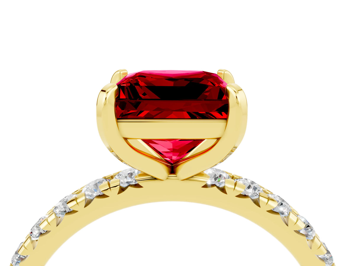 Princess Cut Ruby Pavé Solitaire Ring in Yellow gold with Round Pavé Band and Prong Setting_4