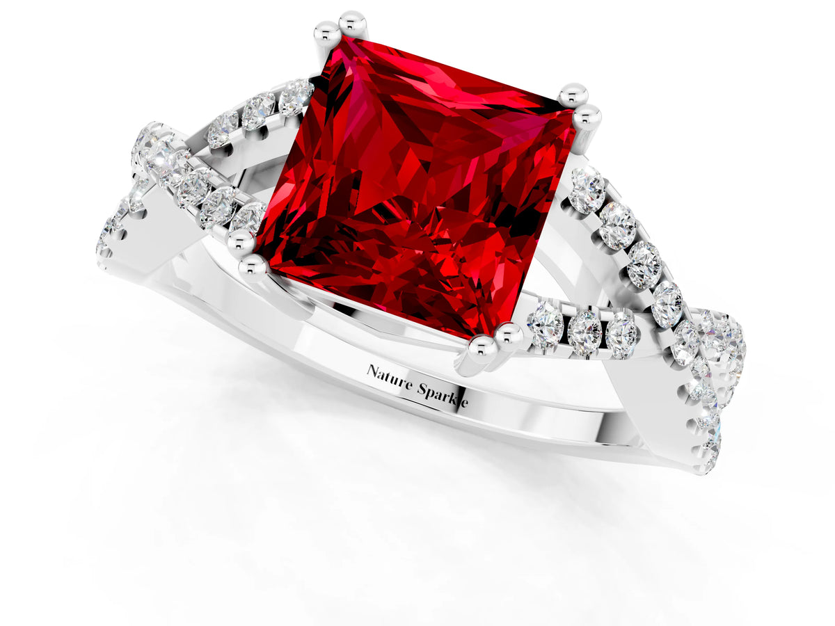 Princess Cut Ruby Solitaire Ring in Platinum with Interwoven Pavé Band and Prong Setting_7