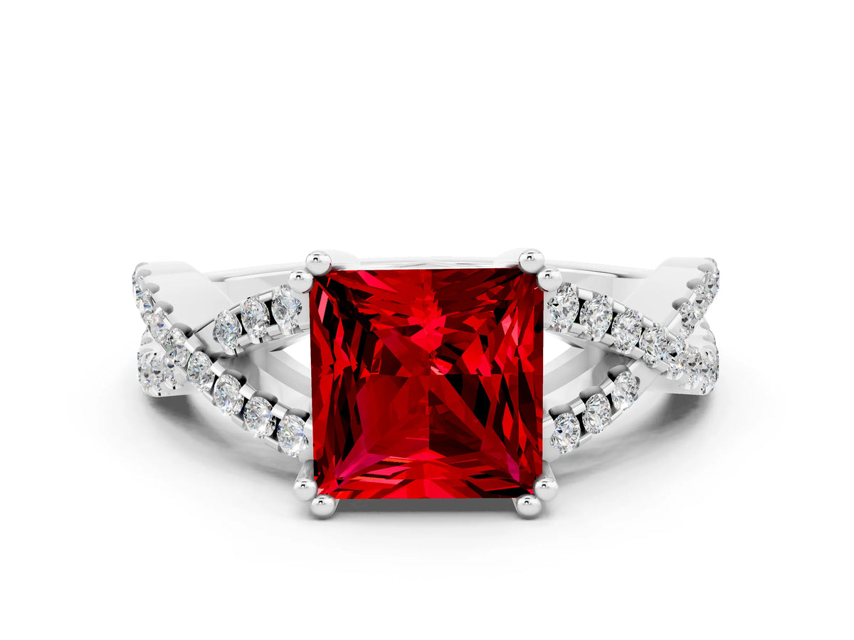 Princess Cut Ruby Solitaire Ring in White gold with Interwoven Pavé Band and Prong Setting