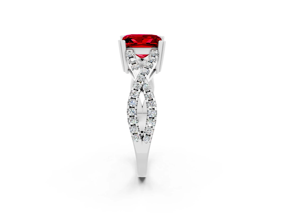 Princess Cut Ruby Solitaire Ring in White gold with Interwoven Pavé Band and Prong Setting_2