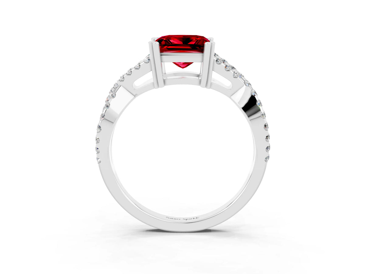 Princess Cut Ruby Solitaire Ring in White gold with Interwoven Pavé Band and Prong Setting_3