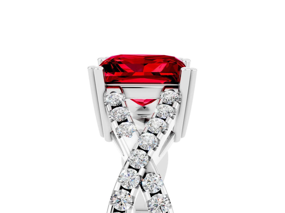 Princess Cut Ruby Solitaire Ring in White gold with Interwoven Pavé Band and Prong Setting_5