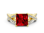 Princess Cut Ruby Solitaire Ring in Yellow gold with Interwoven Pavé Band and Prong Setting