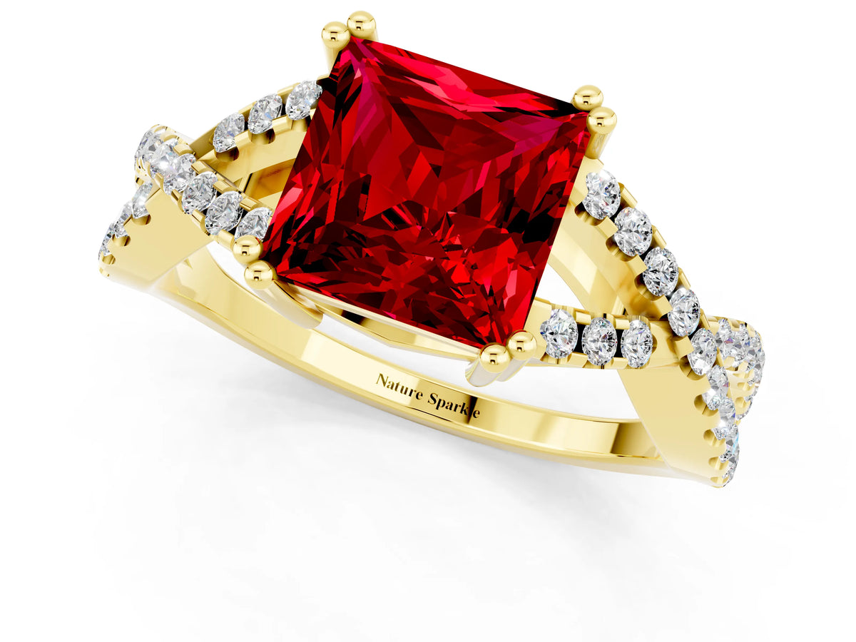 Princess Cut Ruby Solitaire Ring in Yellow gold with Interwoven Pavé Band and Prong Setting_1