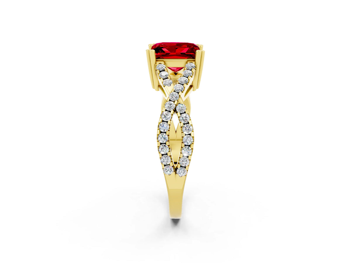 Princess Cut Ruby Solitaire Ring in Yellow gold with Interwoven Pavé Band and Prong Setting_2