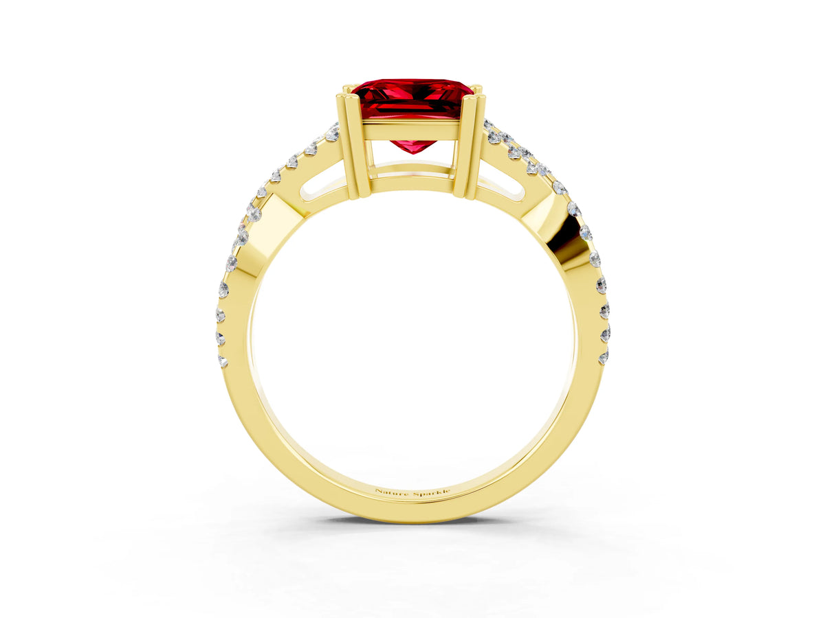 Princess Cut Ruby Solitaire Ring in Yellow gold with Interwoven Pavé Band and Prong Setting_3