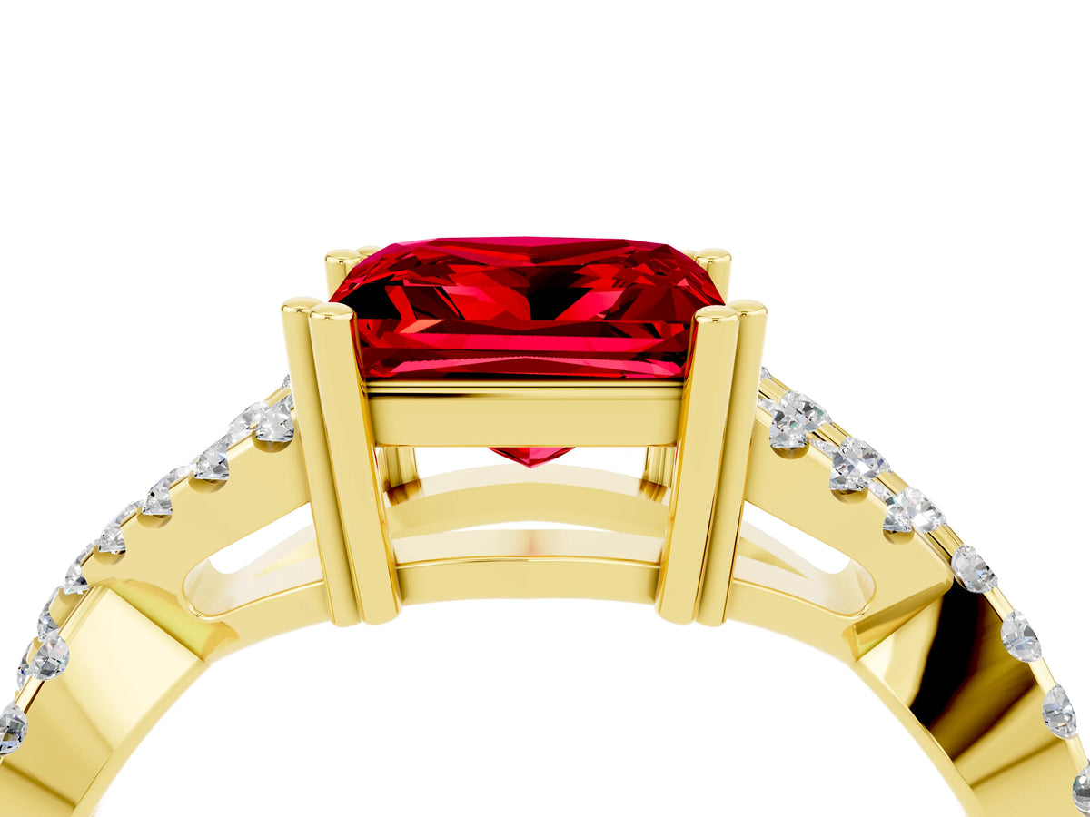 Princess Cut Ruby Solitaire Ring in Yellow gold with Interwoven Pavé Band and Prong Setting_4