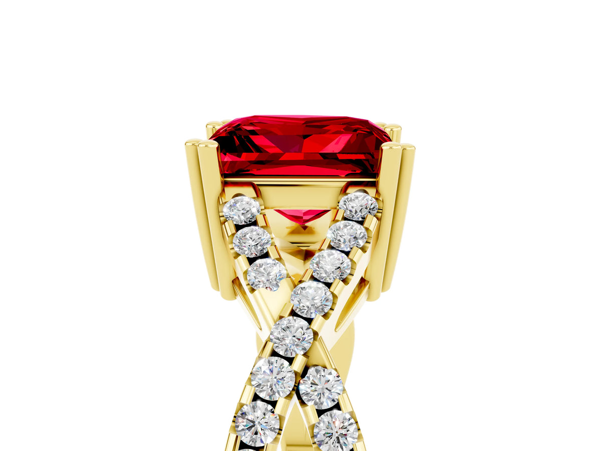 Princess Cut Ruby Solitaire Ring in Yellow gold with Interwoven Pavé Band and Prong Setting_5