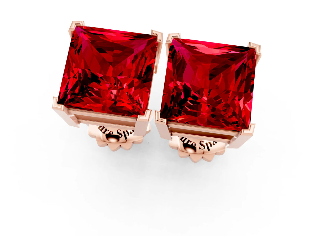 Princess Cut Ruby Stud Earrings in Rose gold with Basket Setting_1