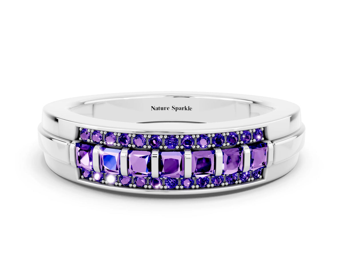 Princess Cut Tanzanite Bar-Set Pavé Band in Platinum with Grooved Edge Detailing