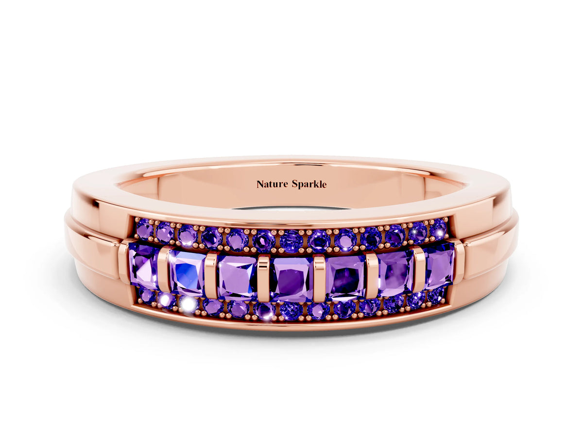 Princess Cut Tanzanite Bar-Set Pavé Band in Rose gold with Grooved Edge Detailing