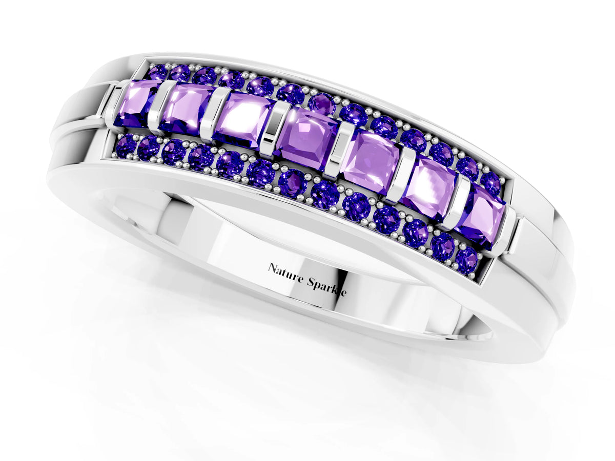 Princess Cut Tanzanite Bar-Set Pavé Band in White gold with Grooved Edge Detailing_1