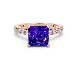 Princess Cut Tanzanite Pavé Solitaire Ring in Rose gold with Round Pavé Band and Prong Setting