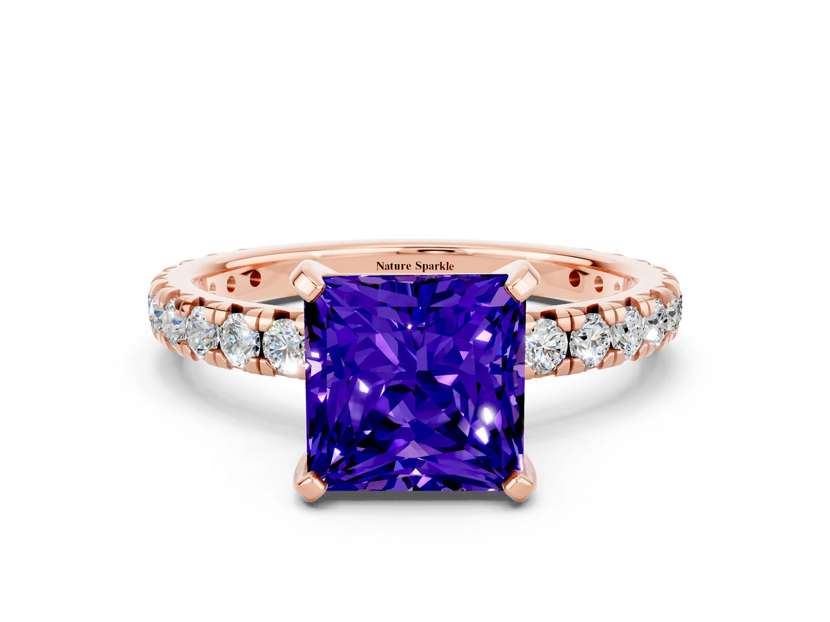 Princess Cut Tanzanite Pavé Solitaire Ring in Rose gold with Round Pavé Band and Prong Setting