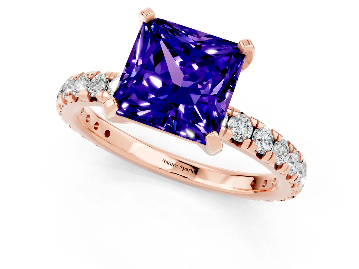 Princess Cut Tanzanite Pavé Solitaire Ring in Rose gold with Round Pavé Band and Prong Setting_1
