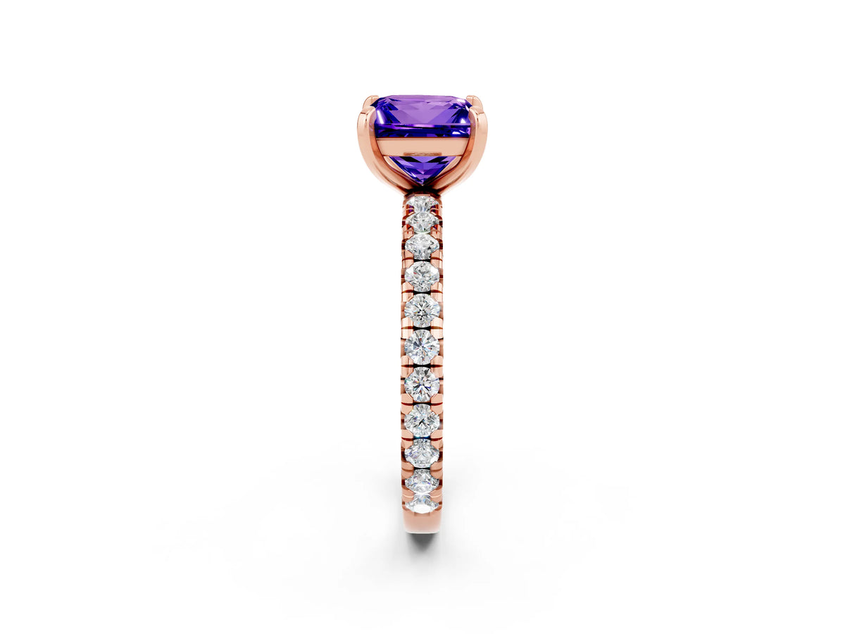 Princess Cut Tanzanite Pavé Solitaire Ring in Rose gold with Round Pavé Band and Prong Setting_2