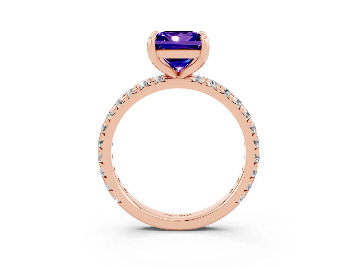 Princess Cut Tanzanite Pavé Solitaire Ring in Rose gold with Round Pavé Band and Prong Setting_3