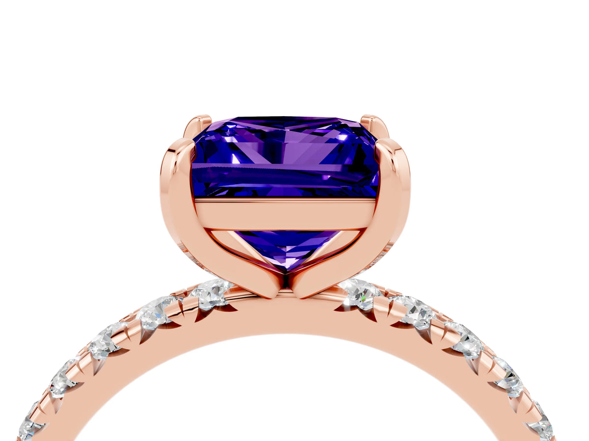 Princess Cut Tanzanite Pavé Solitaire Ring in Rose gold with Round Pavé Band and Prong Setting_4