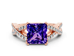 Princess Cut Tanzanite Solitaire Ring in Rose gold with Interwoven Pavé Band and Prong Setting