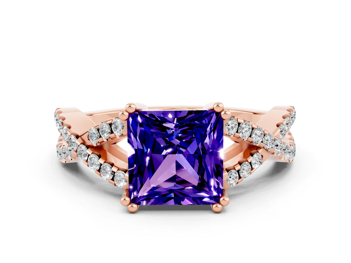 Princess Cut Tanzanite Solitaire Ring in Rose gold with Interwoven Pavé Band and Prong Setting