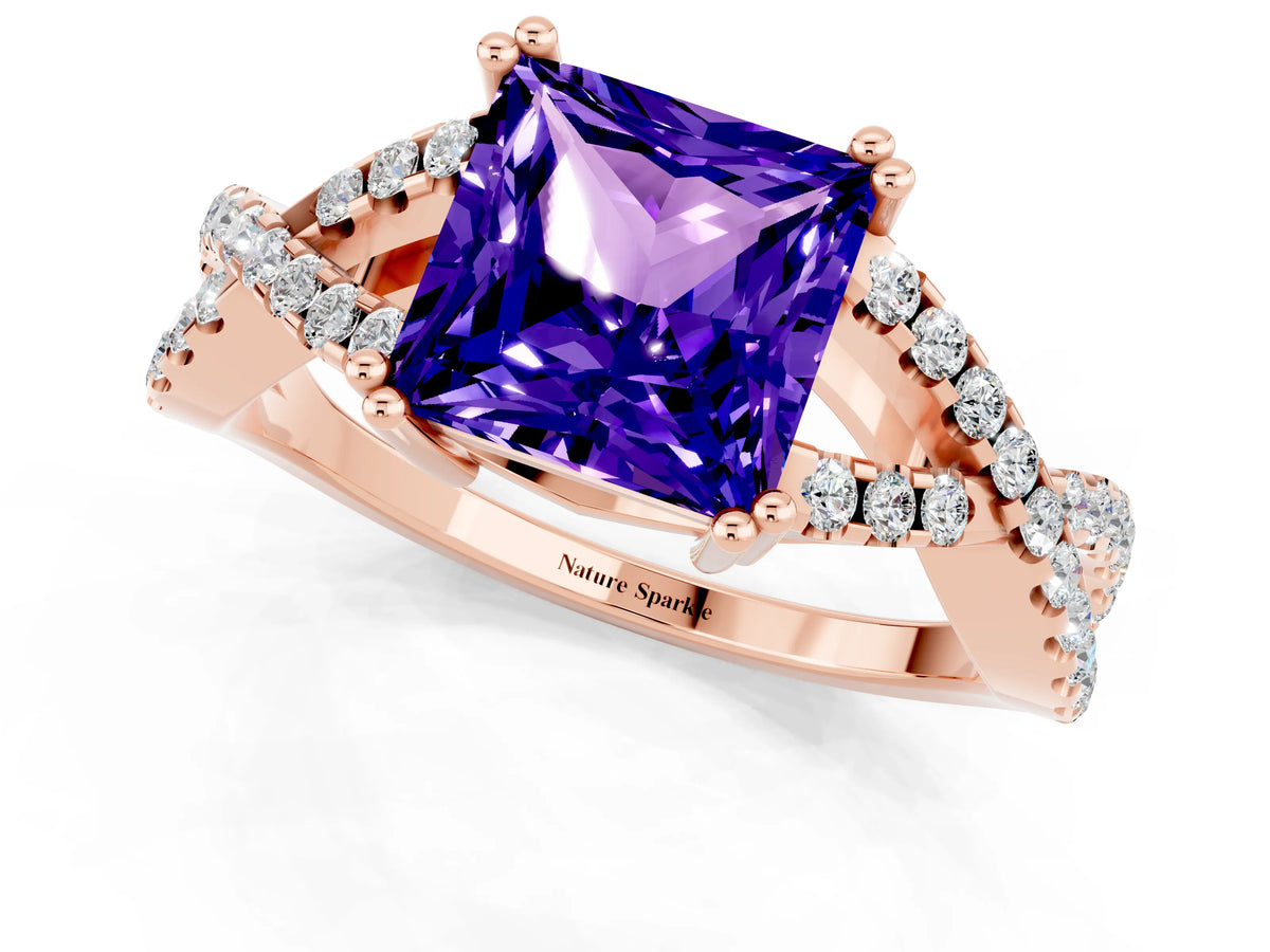 Princess Cut Tanzanite Solitaire Ring in Rose gold with Interwoven Pavé Band and Prong Setting_1