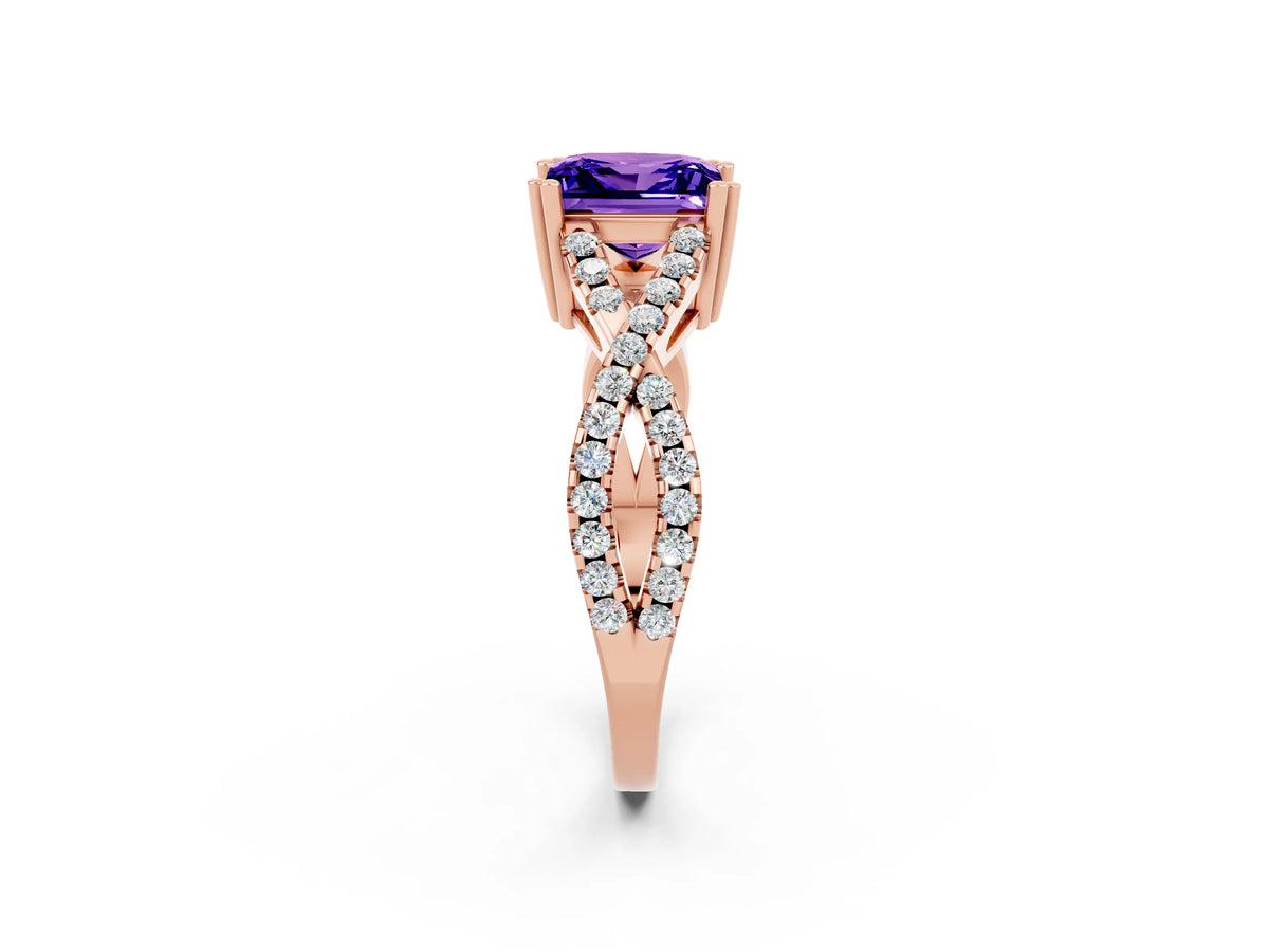 Princess Cut Tanzanite Solitaire Ring in Rose gold with Interwoven Pavé Band and Prong Setting_2