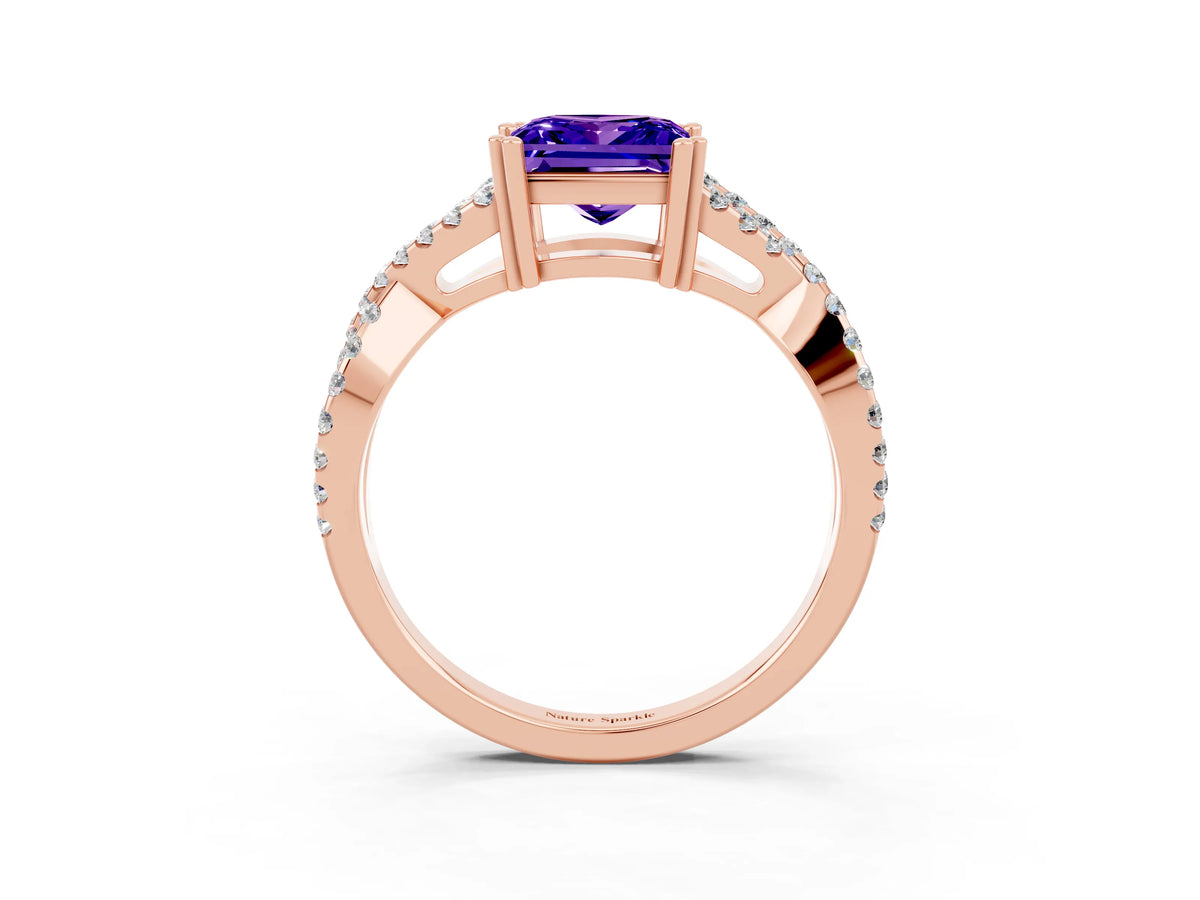 Princess Cut Tanzanite Solitaire Ring in Rose gold with Interwoven Pavé Band and Prong Setting_3