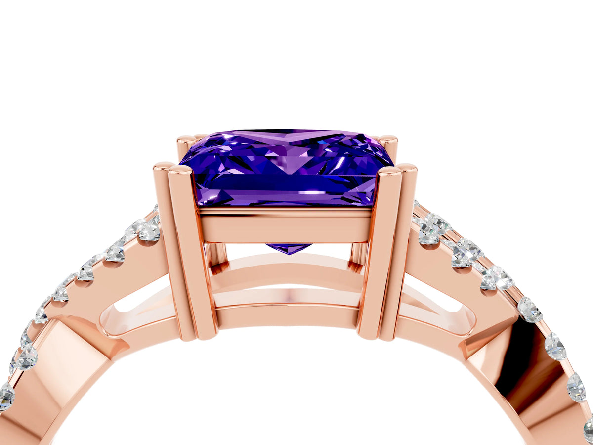 Princess Cut Tanzanite Solitaire Ring in Rose gold with Interwoven Pavé Band and Prong Setting_4