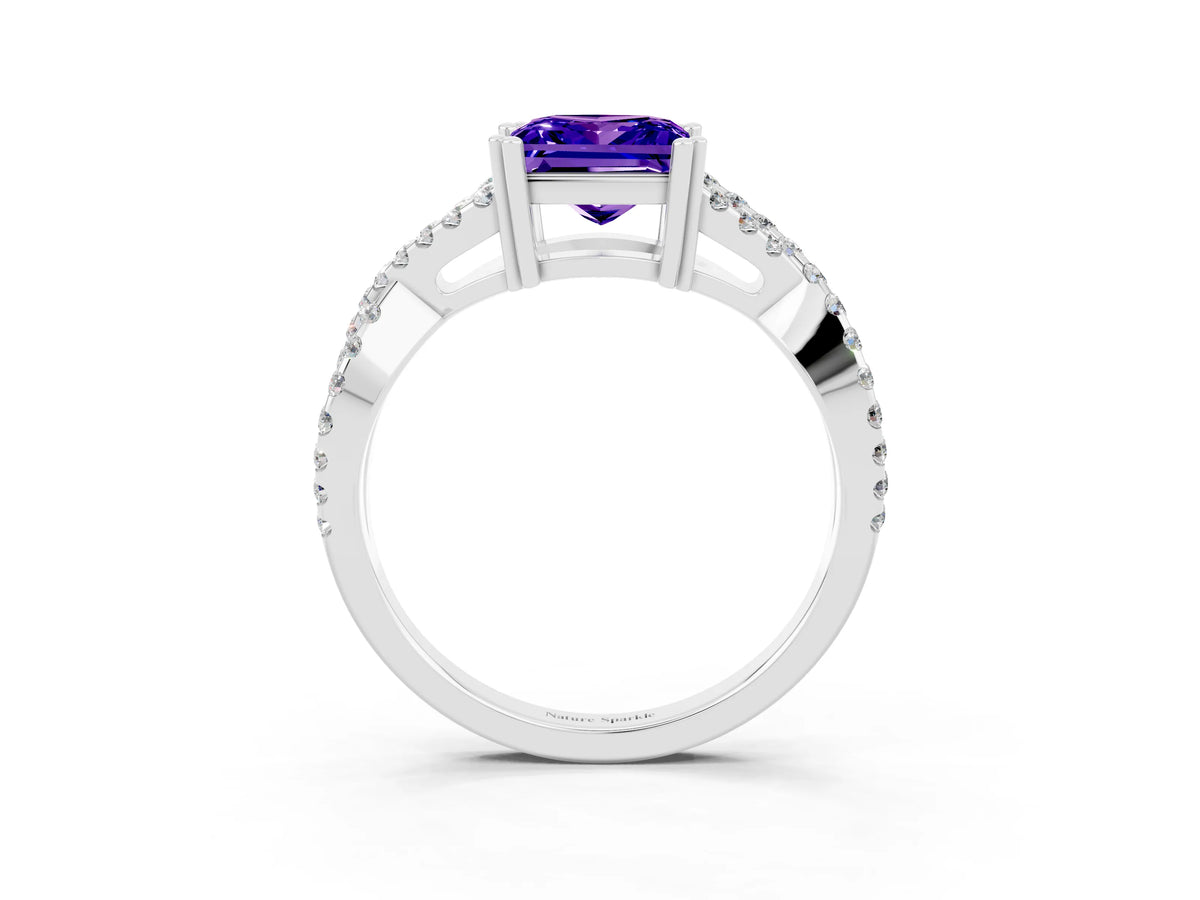 Princess Cut Tanzanite Solitaire Ring in Silver with Interwoven Pavé Band and Prong Setting_9