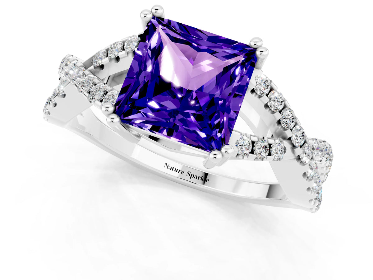 Princess Cut Tanzanite Solitaire Ring in White gold with Interwoven Pavé Band and Prong Setting_1