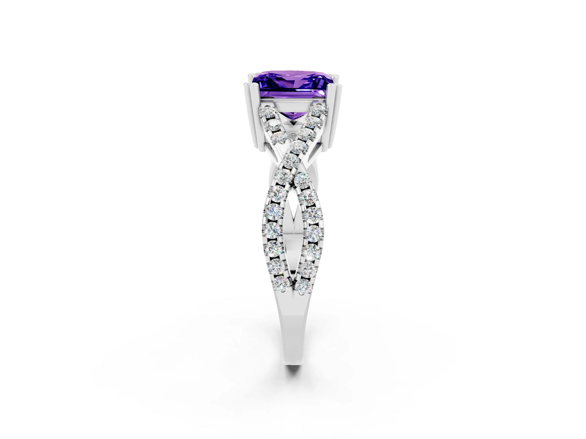 Princess Cut Tanzanite Solitaire Ring in White gold with Interwoven Pavé Band and Prong Setting_2