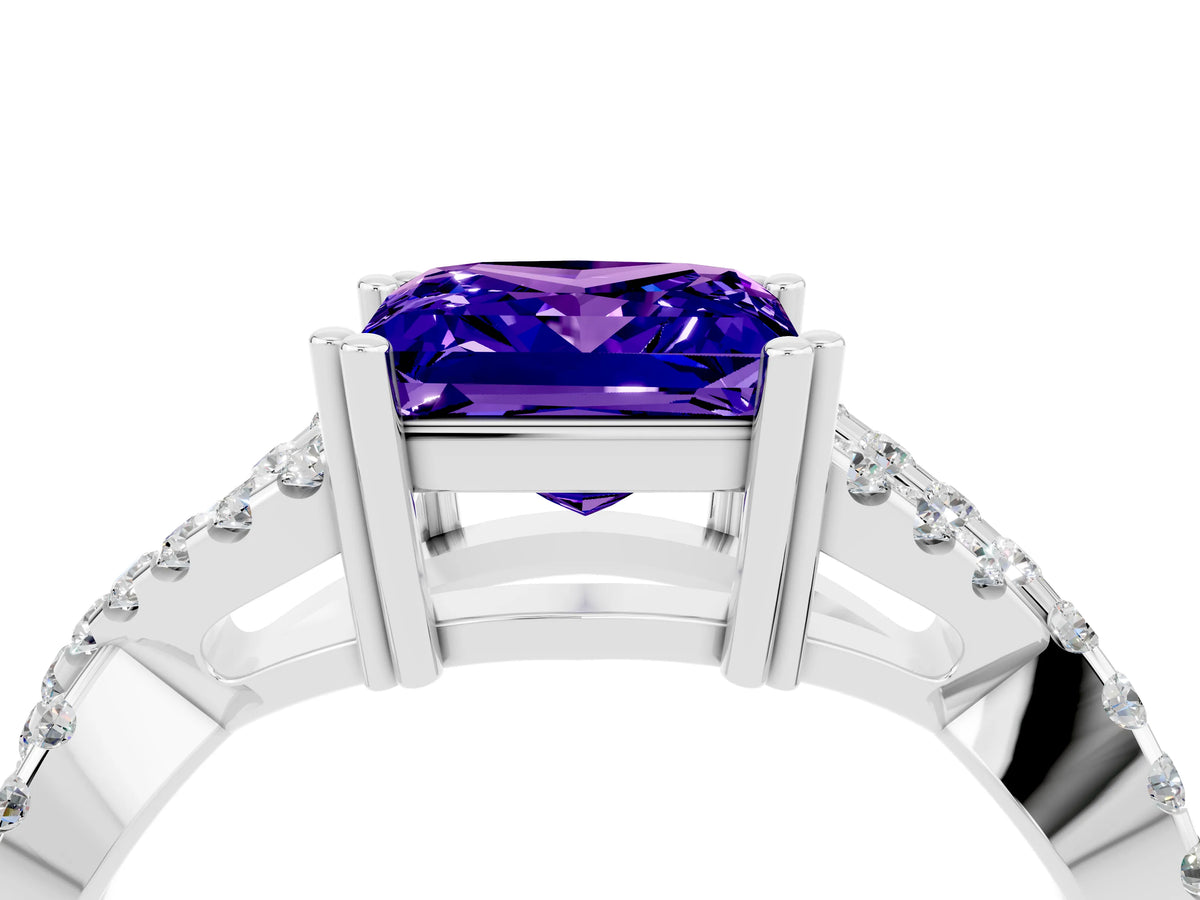 Princess Cut Tanzanite Solitaire Ring in White gold with Interwoven Pavé Band and Prong Setting_4