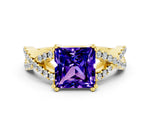 Princess Cut Tanzanite Solitaire Ring in Yellow gold with Interwoven Pavé Band and Prong Setting