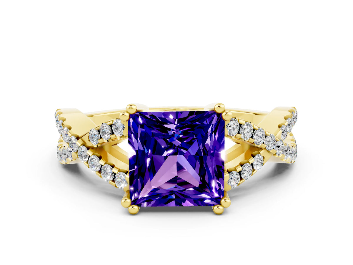 Princess Cut Tanzanite Solitaire Ring in Yellow gold with Interwoven Pavé Band and Prong Setting