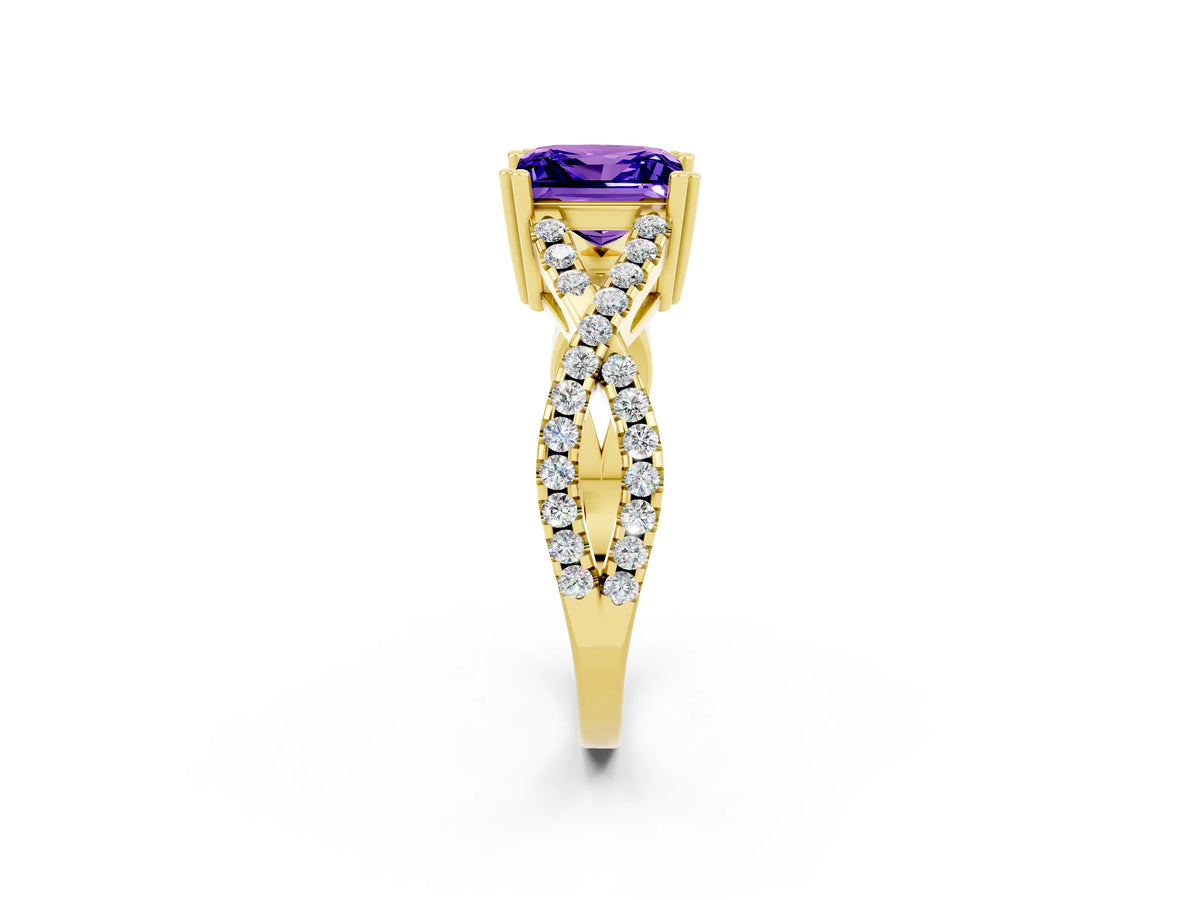 Princess Cut Tanzanite Solitaire Ring in Yellow gold with Interwoven Pavé Band and Prong Setting_2