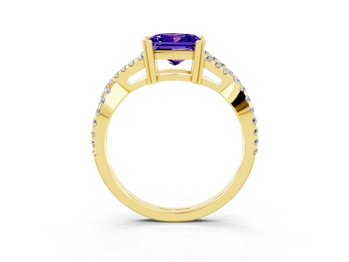 Princess Cut Tanzanite Solitaire Ring in Yellow gold with Interwoven Pavé Band and Prong Setting_3