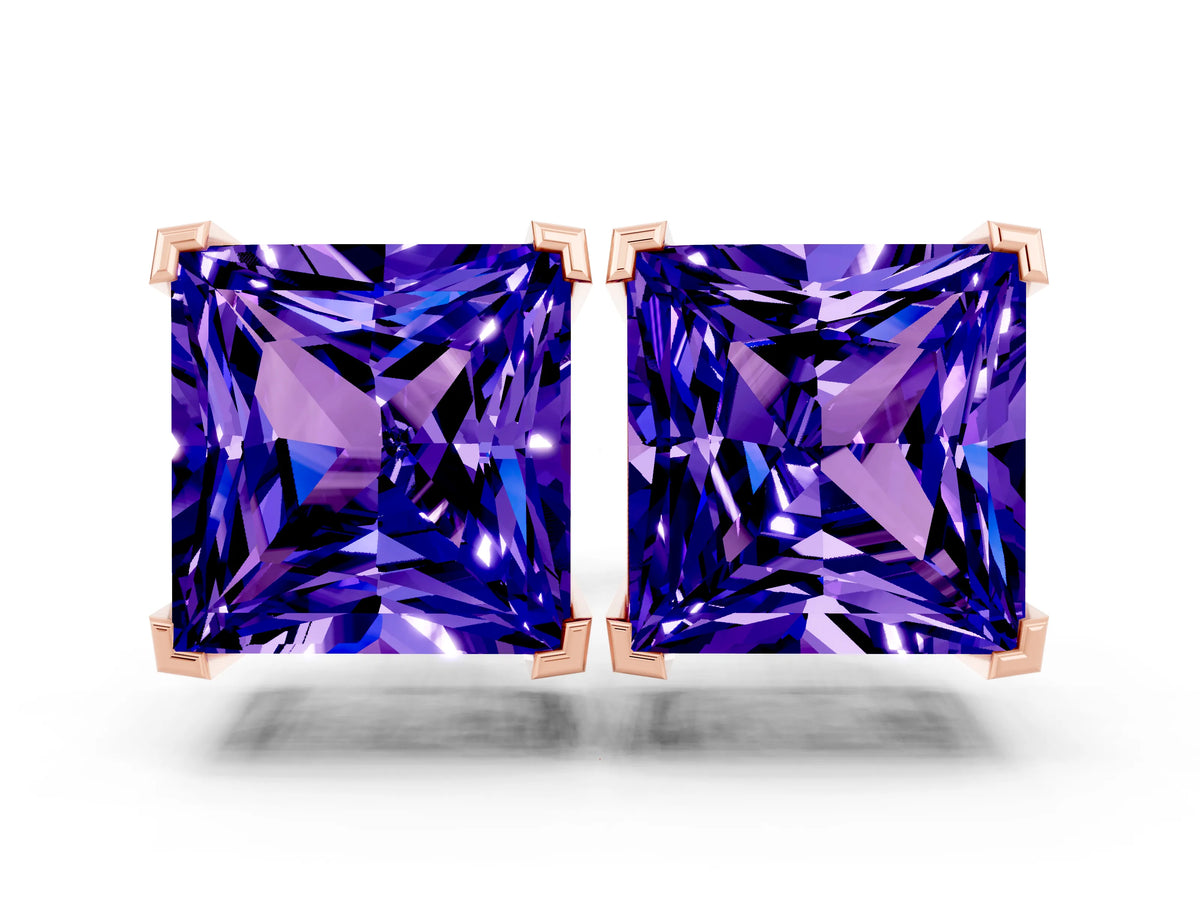 Princess Cut Tanzanite Stud Earrings in Rose gold with Basket Setting