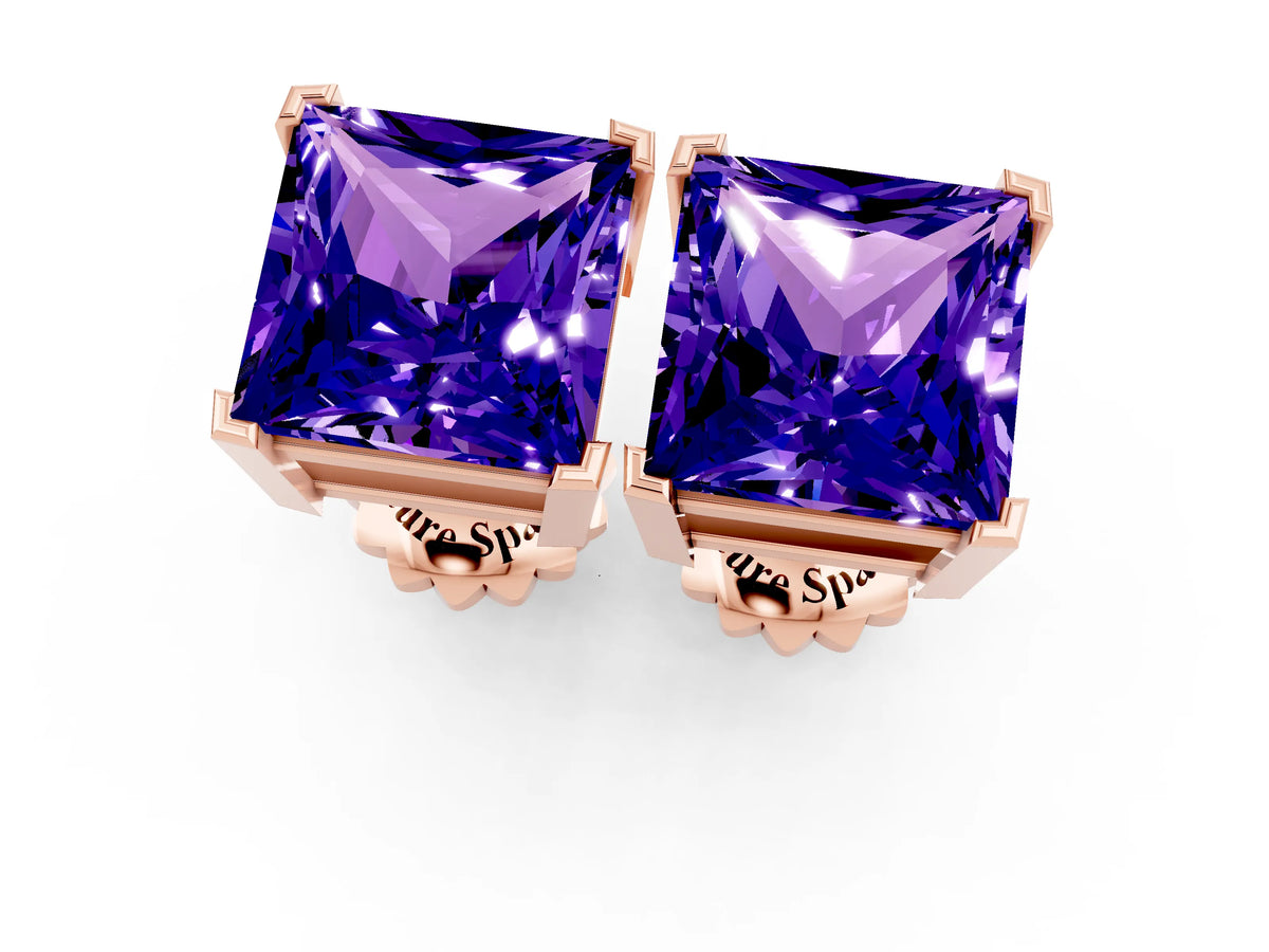 Princess Cut Tanzanite Stud Earrings in Rose gold with Basket Setting_1