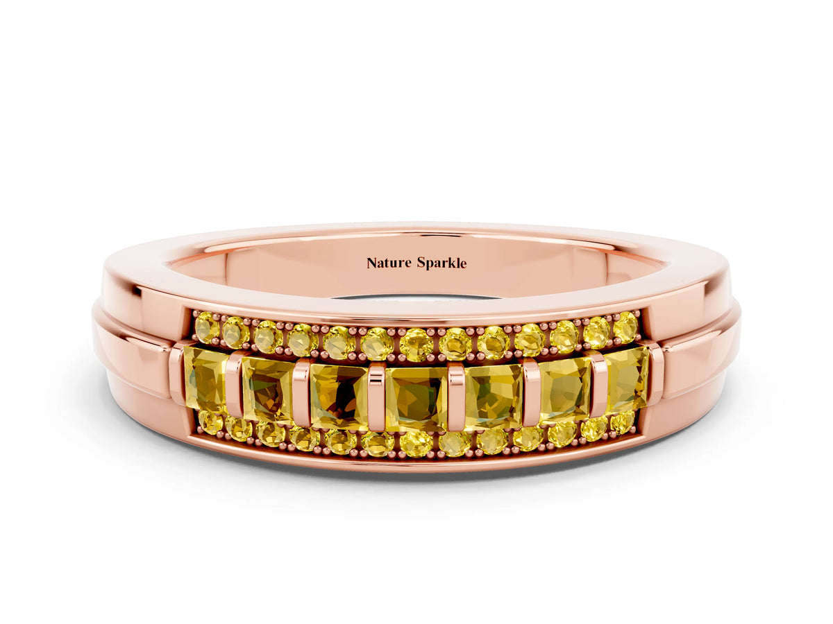 Princess Cut Yellow Sapphire Bar-Set Pavé Band in Rose gold with Grooved Edge Detailing