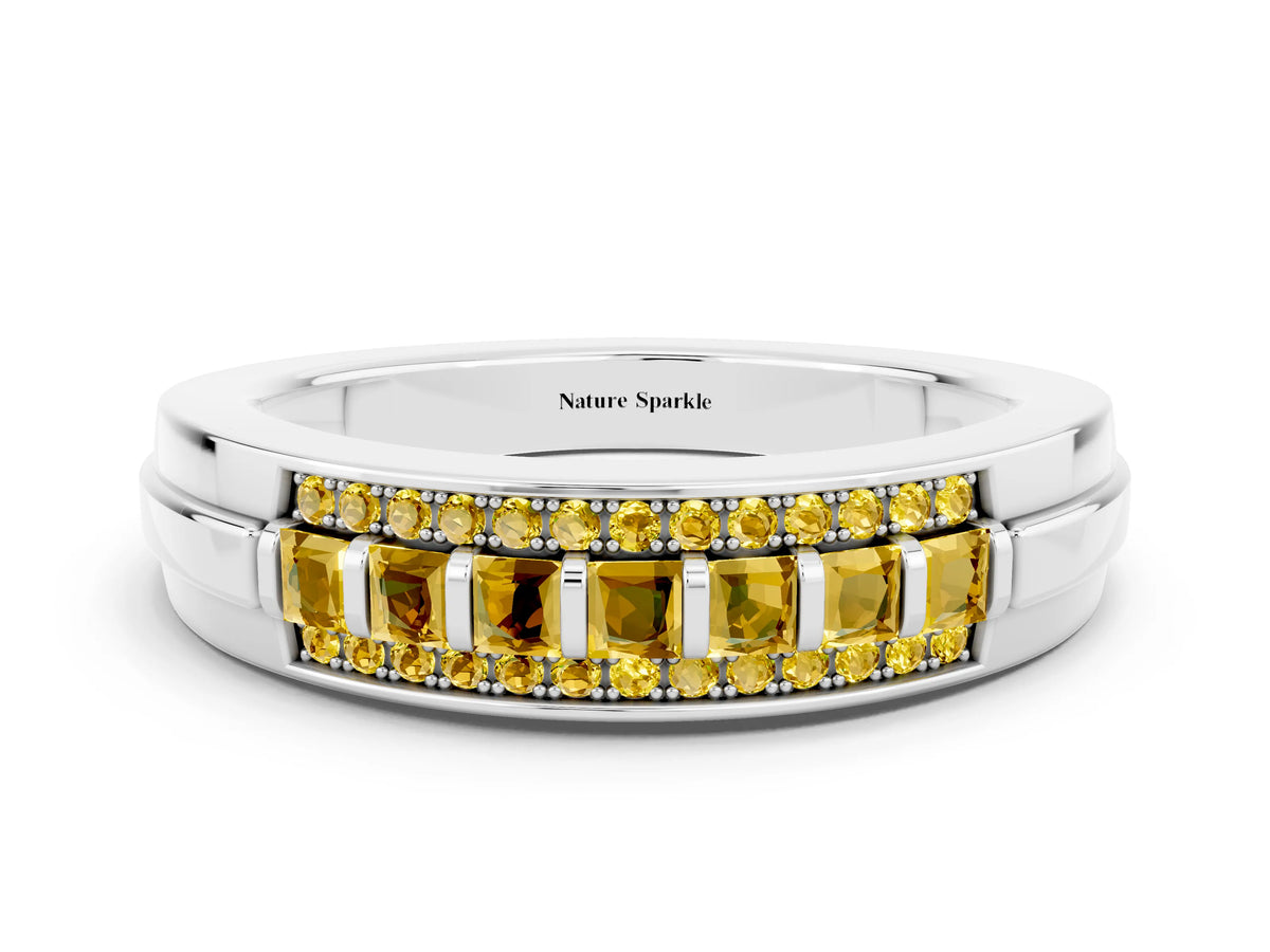 Princess Cut Yellow Sapphire Bar-Set Pavé Band in White gold with Grooved Edge Detailing