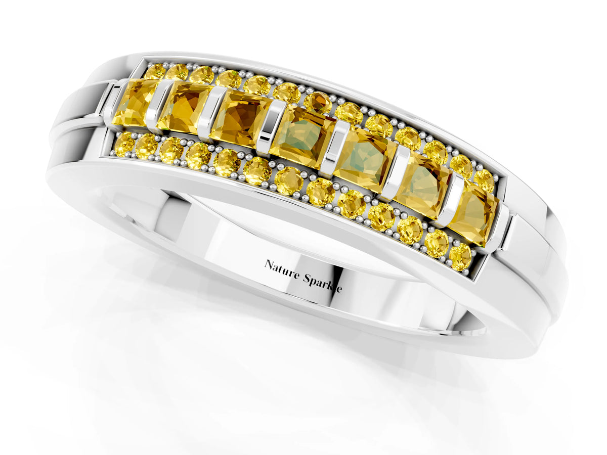 Princess Cut Yellow Sapphire Bar-Set Pavé Band in White gold with Grooved Edge Detailing_1