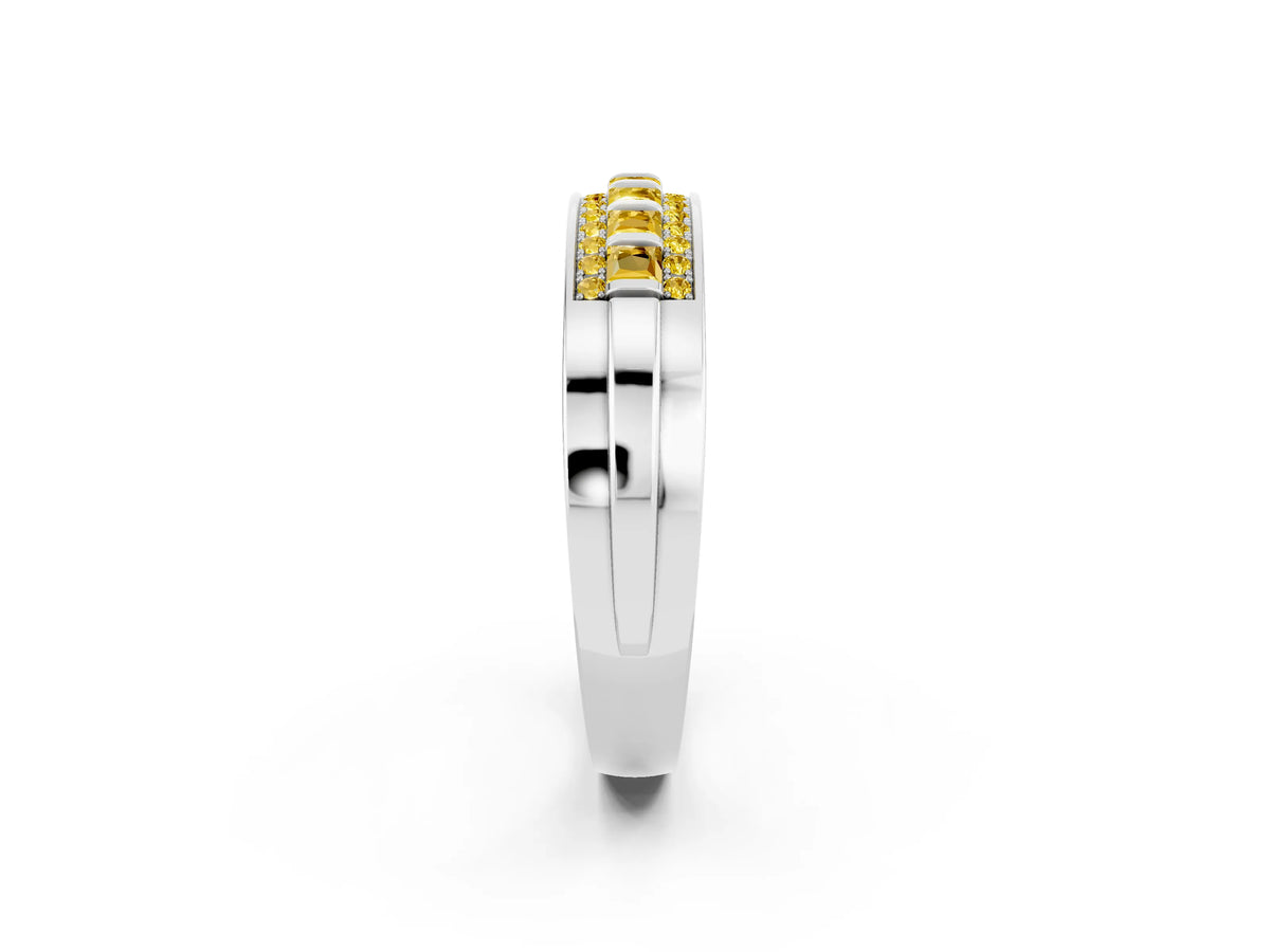Princess Cut Yellow Sapphire Bar-Set Pavé Band in White gold with Grooved Edge Detailing_2