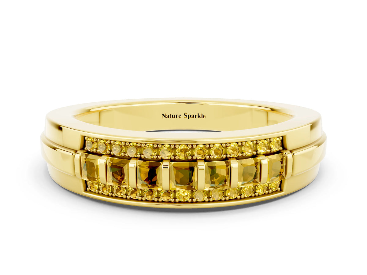 Princess Cut Yellow Sapphire Bar-Set Pavé Band in Yellow gold with Grooved Edge Detailing