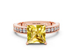 Princess Cut Yellow Sapphire Milgrain Pavé Engagement Ring in Rose gold with Prong Setting
