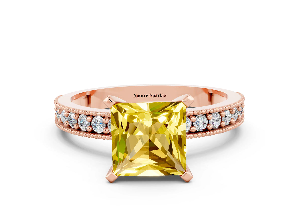 Princess Cut Yellow Sapphire Milgrain Pavé Engagement Ring in Rose gold with Prong Setting