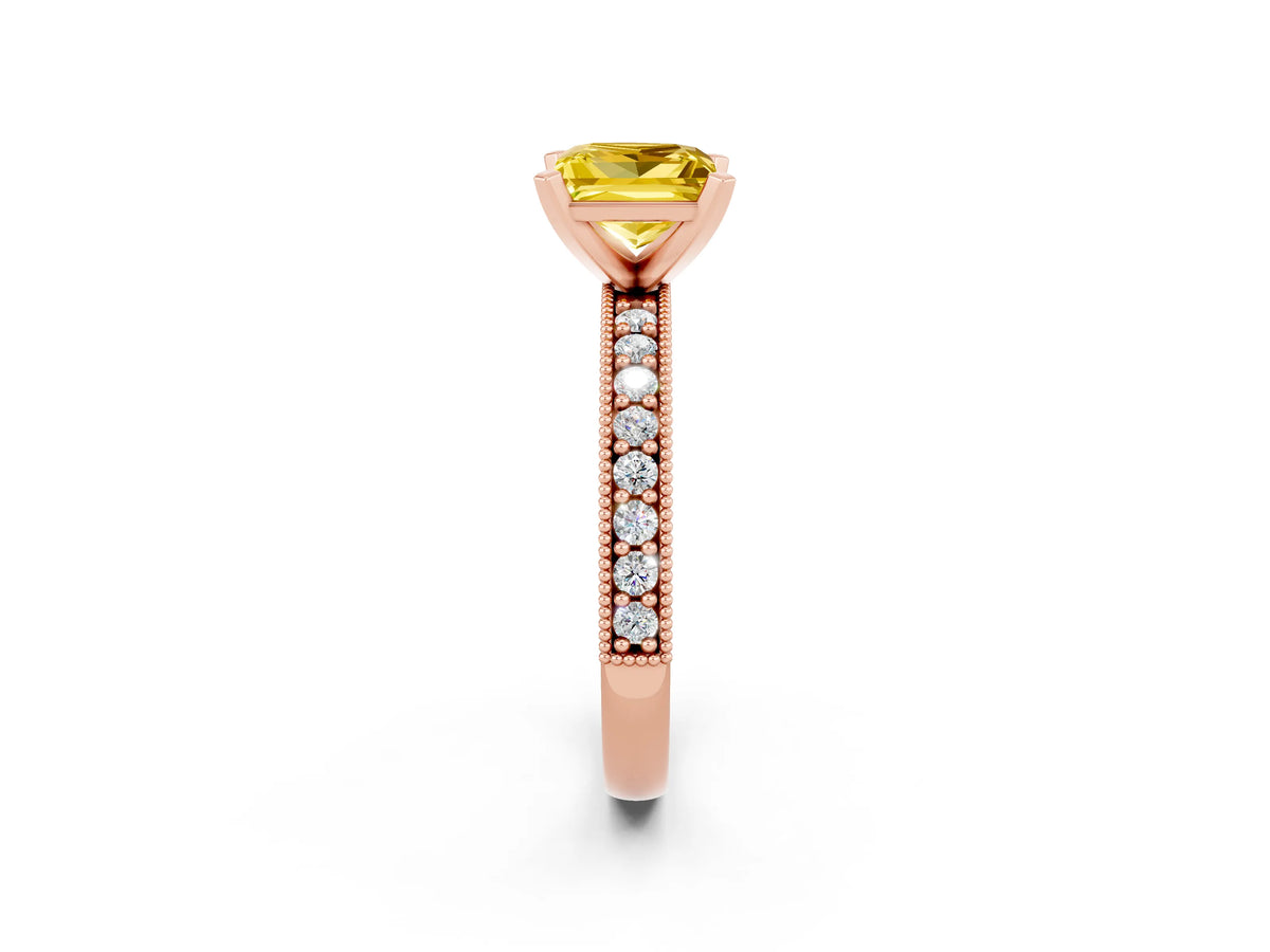 Princess Cut Yellow Sapphire Milgrain Pavé Engagement Ring in Rose gold with Prong Setting_2