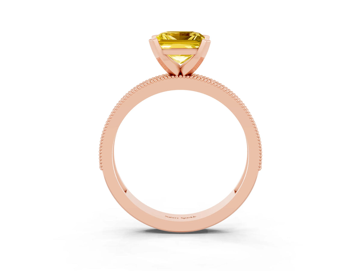 Princess Cut Yellow Sapphire Milgrain Pavé Engagement Ring in Rose gold with Prong Setting_3