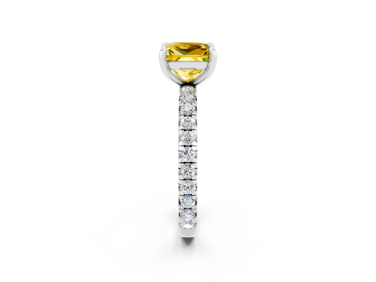 Princess Cut Yellow Sapphire Pavé Solitaire Ring in White gold with Round Pavé Band and Prong Setting_2